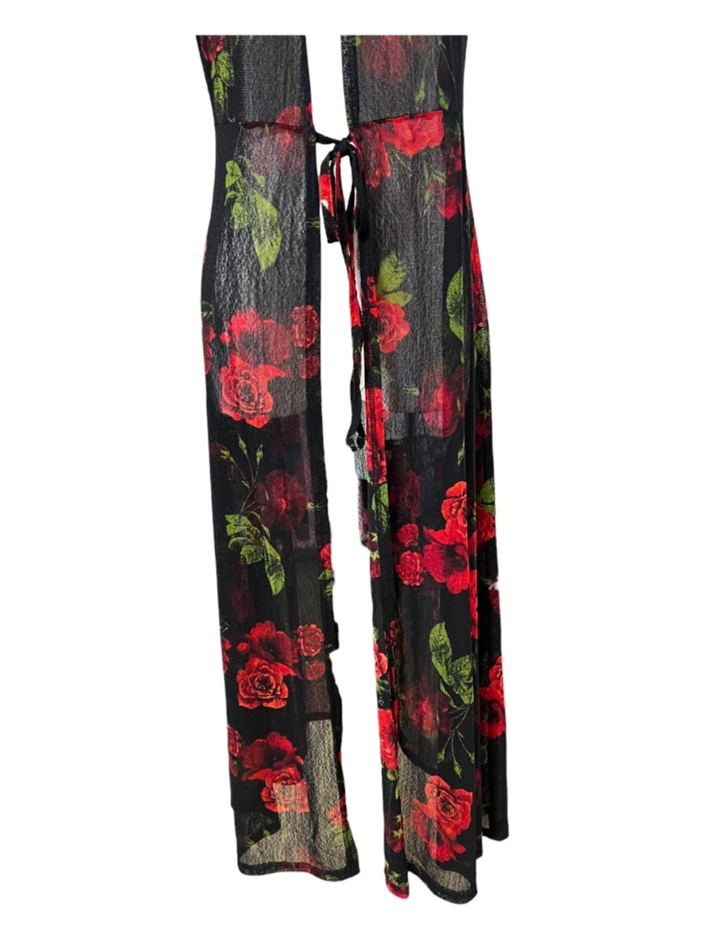 EUC Ember Black Red Rose Sheer Mesh Maxi Duster Open Front | Size M - Picture 3 of 9